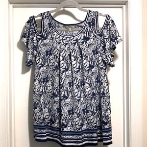 MAX STUDIO Cold Shoulder Navy & White Comfy Pretty Top